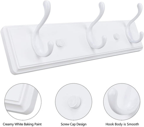 Wooden Wall Mount Coat Rack, Mounted Organizer for Closet, Bathroom, Bedroom, Entryway, Hallway, Foyer, Heavy Duty Double Hooks Hanging Towels, Hats, Bags, Backpacks, Jackets, Keys (White, 3 Hooks)