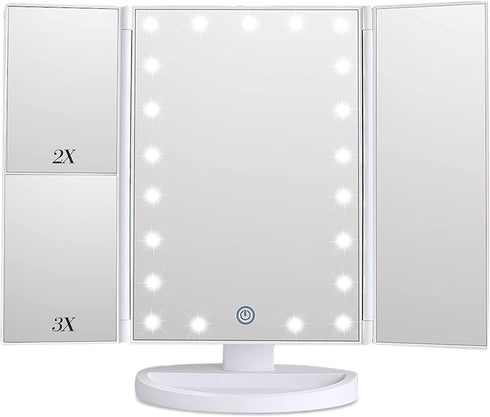 SHNAP Makeup Mirror with Lights, Touch Screen Vanity Mirror, 2X/3X Magnification, Dimmable 21Leds Trifold Mirror, Dual Power Supply, 180° Rotation, Portable Cosmetic Light Up Mirror with Gift Box