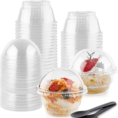Zezzxu 50 Pack 8oz Clear Plastic Cups with No Hole Dome Lids and Sporks Disposable Dessert Cups Mini Snack Bowls for Parfait, Ice Cream, Fruit, Cupcakes, Pudding