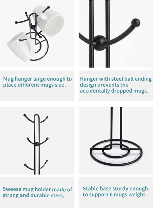 Sweese Mug Holder, Vintage Metal Wire Tree Stand for Coffee Mugs, Glasses, and Cups, 6 Mug Capacity, Black
