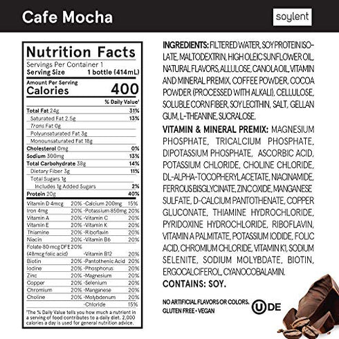Soylent Cafe Mocha Plant Protein Meal Replacement Shake, 14 fl oz, Single Bottle