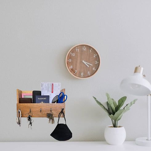 Wrightmart Key Ring Hanger, 5 Hook, Wall Mounted Organizer, Keyholder, Mail, Wallet , Phone, Sunglass Storage Unit, Secure Command Center Pocket, Decorative Rustic Farmhouse Wood, Natural Finish