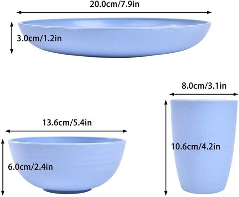 Lnrkai Dinnerware Sets of Wheat Straw Unbreakable, 12 PCS Lightweight Plates, Bowls, Cups Sets, (/4 per), Reusable Plastic Cereal Camping Dinnerware Set, Easy to Wash, Microwave Safe (4 colors)