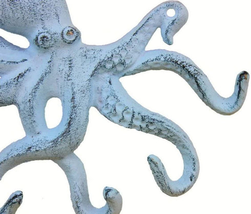 Rustic Dark Blue Whitewashed Cast Iron Octopus Hook 11 Inch - Decorative Hook - Sealife Metal Wall Hook
