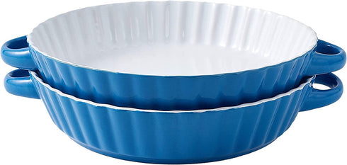 Bruntmor Set Of 2 Quiche Pan Ceramic Pie Pan, 9.5 Inch Tart Pan - Round Pie Plate Baking Dish with Ribbed Edges, W/ Side handles, Blue