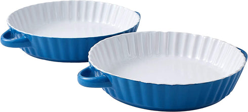 Bruntmor Set Of 2 Quiche Pan Ceramic Pie Pan, 9.5 Inch Tart Pan - Round Pie Plate Baking Dish with Ribbed Edges, W/ Side handles, Blue