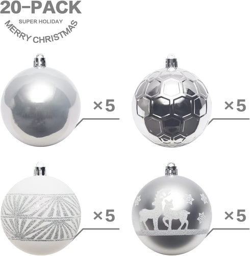 Super Holiday 20PCS Christmas Ball Ornaments Set, Shatterproof Handpainted Decoration for Xmas Tree, Home Decor for Holiday, Party, Birthday, Wedding, Anniversary, Christmas- 80mm/3.14", Sliver/White.