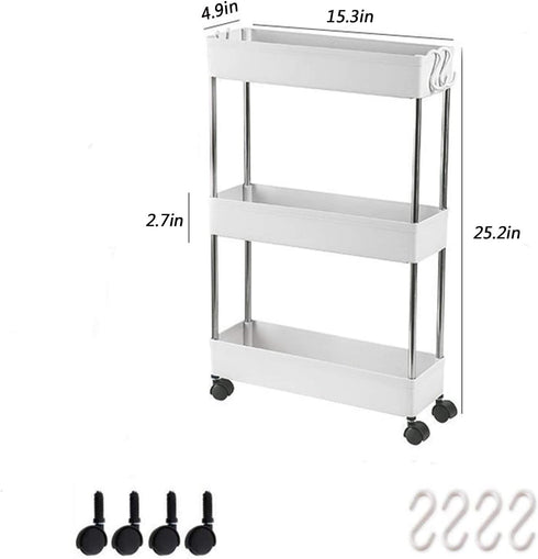 3 Tier Slim Storage Cart, with Wheels Mobile Shelving Unit Organizer, Rolling Utility Cart Bathroom Storage Shelf Rack, Plastic&Stainless Steel, for Bedrooms, Kitchen & Dressers, Narrow Places (White)