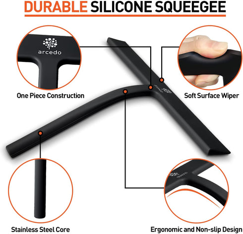 Arcedo Shower Squeegee for Shower Glass Door, 11 Inch Silicone Household Squeegee for Window, Tile, and Car Glass, All Purpose Bathroom Cleaning Tool, Includes Hook, Black