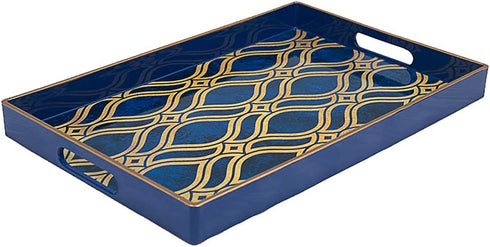 MAONAME Blue Decorative Tray with Handles, Plastic Serving Tray for Coffee Table, Marbling Rectangular Tray for Ottoman, Bathroom, Storage, 15.7" Lx 10.2" W X 1.57" H