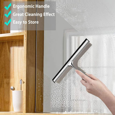 VIVIBEAUTY Shower Squeegee for Glass Doors, 12-Inch Stainless Steel Squeegee for Shower Glass Door, Mirror, Windows, 1 Replacement Silicone Blade and 2 Hooks, Silver