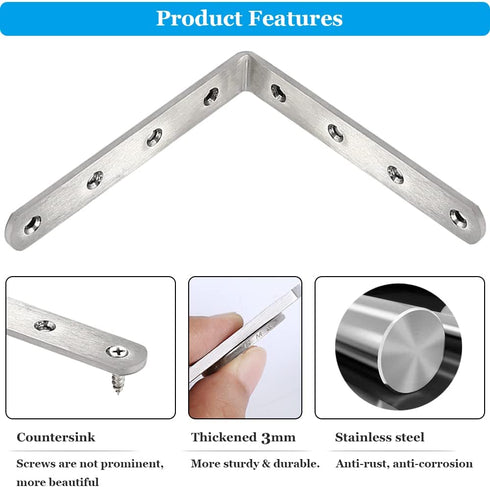 8 Pcs Shelf Bracket Stainless Steel L Bracket 125 x 125 x 20mm Heavy Duty Solid Shelf Support Corner Brace, Metal Joint Right Angle Bracket for Wood Shelves, with Screws