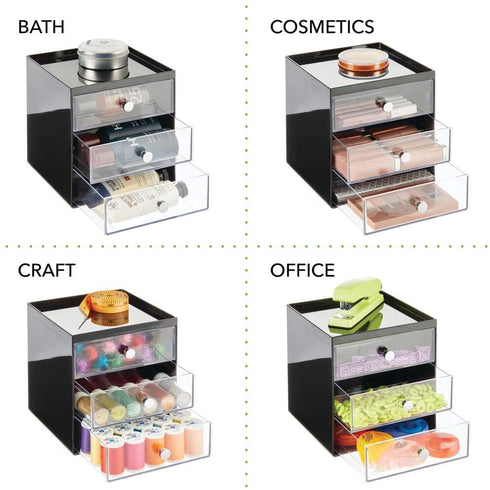mDesign Plastic Makeup Organizer Storage Station Cube with 3 Drawers for Bathroom Vanity, Cabinet, Countertops - Holds Lip Gloss, Eyeshadow Palettes, Brushes, Blush, Mascara - Black/Clear