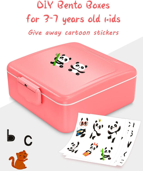 LOOK BACK Bento Lunch Boxes for Kids, 4-Compartment 1.2L Leak-Proof Lunch Container for Child with Sauce Jar, Fork and Spoon, DIY Stickers, BPA-Free Toddlers Food Container Microwave Dishwasher Safe