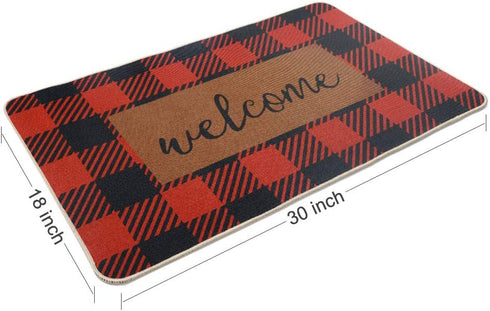 Carvapet Buffalo Plaid Rug Outdoor Indoor Entry Way Front Door Mat 18" x 30" with Non Slip Rubber Backing, Black&Red Welcome