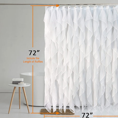 Reisen White Ruffle Shower Curtain Fabric / Cloth Farmhouse Bathroom Sheer Shower Curtain, 72in Long