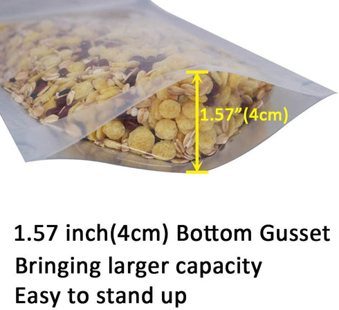 Belinlen 100 Pack 5.5 x 10 Inch Stand Up Pouch Bags Zipper Mylar Bags Clear Front with Aluminum Foil Back Reusable Food Storage Bags for Multipurpose with Gusset Bottom(5.5mil Thickness)
