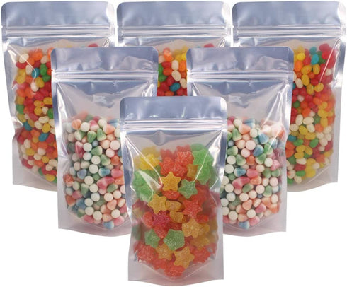 Belinlen 100 Pack 5.5 x 10 Inch Stand Up Pouch Bags Zipper Mylar Bags Clear Front with Aluminum Foil Back Reusable Food Storage Bags for Multipurpose with Gusset Bottom(5.5mil Thickness)