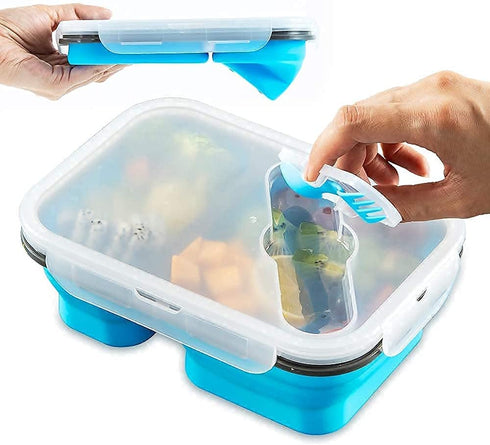 MAXCOOK Collapsible Lunch Container Stacking Silicone Lunch Box with Spoon & Fork, 1500ml/3-Compartment Portable Bento Storage Containers for Food, Microwave, Freezer, Dishwasher Safe, BPA Free Blue