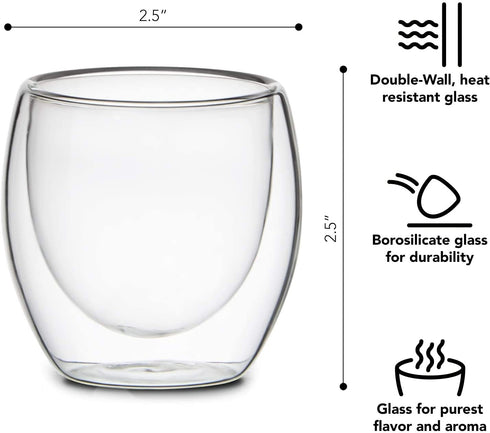Kaffe 3oz Small Espresso Cups. Double-Wall Borosilicate Glass Coffee Cups. Set of 2 (Two)