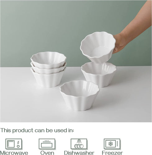 DOWAN 8 oz Ramekins, Ramekins 8 oz Oven Safe for Baking Creme Brulee Porcelain Ramekins, Dishwasher and Microwave Safe, Flower-Shaped Condiments Cups, Set of 6, White