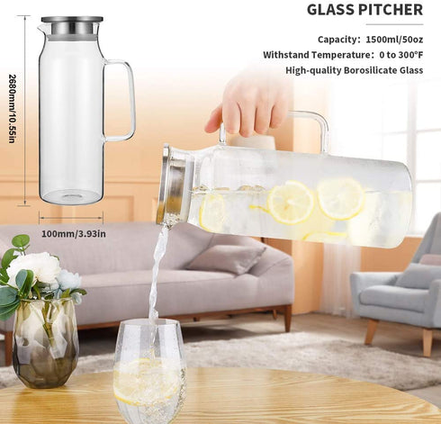 Glass Pitcher with Lid and Handle, 50 oz/1500ml Water Pitcher, Pitcher for Ice Tea and Homemade Juice, Heat Resistant Borosilicate Glass Carafe for Hot/Cold Water.