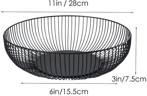 Metal Wire Countertop Fruit Bowl Basket Holder for Kitchen | Black Modern Home Storage Decor Stand - 11 Inch (Round C)
