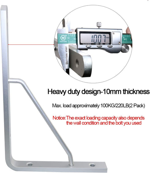 Boeray 2 Pack 12" Aluminum Alloy Shelf Bracket 90 Degree Angle Heavy Duty Max. Load 220 lb Wall Floating Shelves Tripod Triangle with 8pcs Mounting Bolt