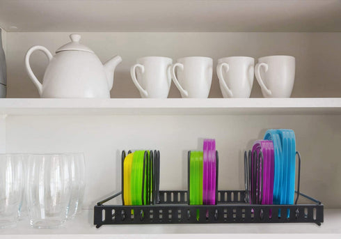 Metal Food Container Lid Organizer&Adjustable 6 Dividers Storage Container Lid Holder Rack for Cabinets, Cupboards, Pantry Shelves, Drawers to Keep Kitchen Tidy,Black(Patent Pending)
