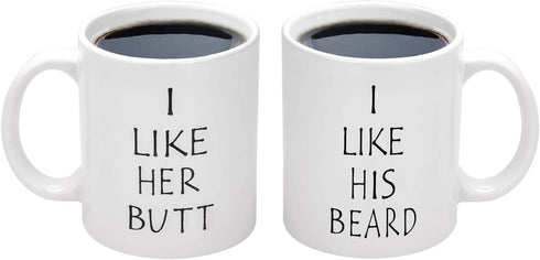 I Like His Beard, I Like Her Butt Couples Funny Coffee Mug Set Wedding Gifts Couples Gifts Engagement Gifts for His and Hers Best Gifts For Husband and Wife Coffee Cups 11oz (Beard, 11 oz)