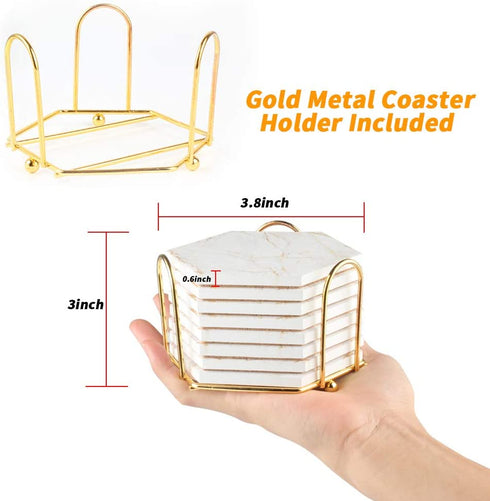 Marble Coasters for Drinks Absorbent with Cork Base, 8pcs Drink Coasters for Wooden Table with Metal Holder, Gold Ceramic Cup Coaster Set Rustic Home Decor for Living Room Bar - Housewarming Gifts