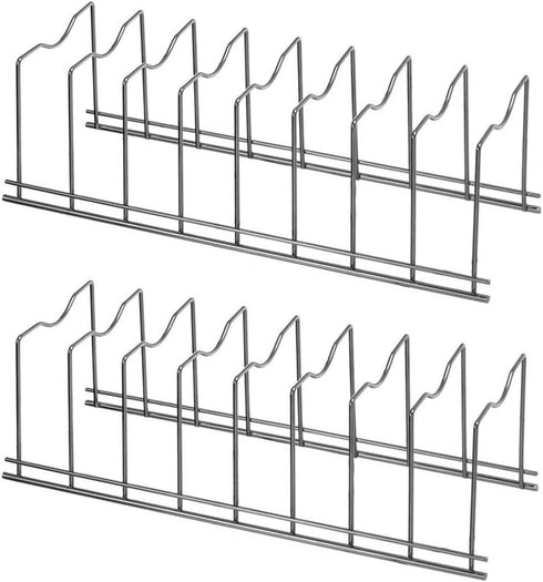 SANNO Pan and Pot Lid Organizer Rack for Pot Lids, Plates, Cutting Boards, Bakeware, Cooling Rack, Serving Trays, Total 8 Compartments, Stainless Steel Black nickel Pack of 2