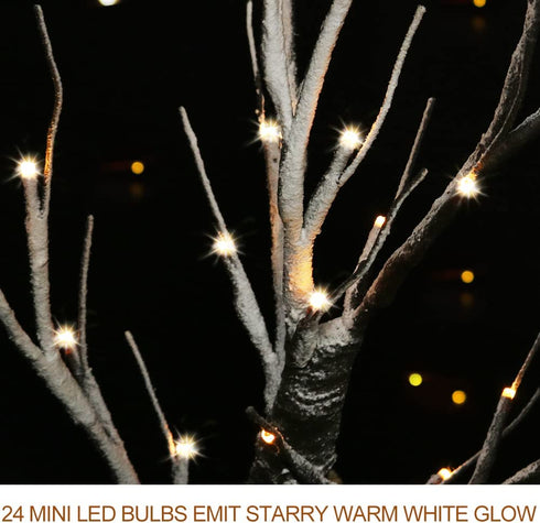 Bright Zeal 1-Pack 18" Tall Lighted Birch Christmas Tree with Faux Snow and 24 Warm White LED Bulbs - Table Top White Birch Tree Lamp Birch Snow Tree Indoor - LED Birch Tree Light Up Tabletop Decor