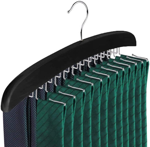 SunTrade Wooden Tie Hanger,24 Tie Organizer Rack Hanger Holder Hook (Black, 24 hooks)