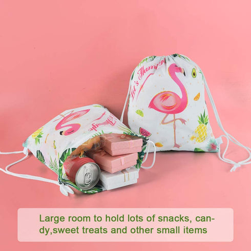 WERNNSAI Luau Flamingo Party Supplies - 12 Pack 10'' x 12'' Party Favor Bags with Drawstring Pouch Hawaiian Party Gift Bag for Girls Birthday Baby Shower Summer Beach Pool Backpack Wrap Goodie Bags
