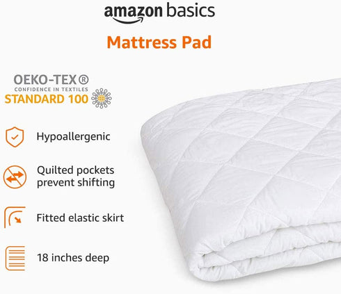 Amazon Basics Hypoallergenic Quilted Mattress Topper Pad Cover - 18 Inch Deep, Twin XL, White