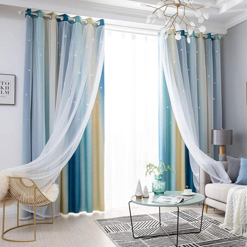 Decdeal Star Curtains Stars Blackout Curtains for Kids Girls Bedroom Living Room Colorful Double Layer Star Window Curtains, 1 Panel