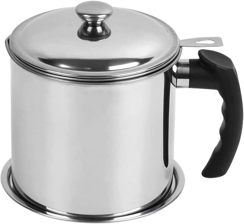 OFNMY Bacon Grease Container with Fine Mesh Strainer - 1.3L/5.2 Cups Stainless Steel Oil Storage Pot Grease Can with Removable Dustproof Lid and Coaster Tray - Oil Pot for Storing Fat, Frying Oil