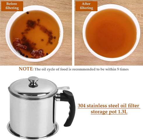 OFNMY Bacon Grease Container with Fine Mesh Strainer - 1.3L/5.2 Cups Stainless Steel Oil Storage Pot Grease Can with Removable Dustproof Lid and Coaster Tray - Oil Pot for Storing Fat, Frying Oil