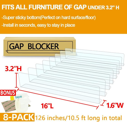 QIYIHOME Toy Blocker for Under Sofa Couch, Pets Barrier for Under Couch, Stop Toys Balls Going Under Furniture, w/Upgrated Strong Adhesive/Replacement Tape 20/Edge Protection Tape, Clear(8-Pack)