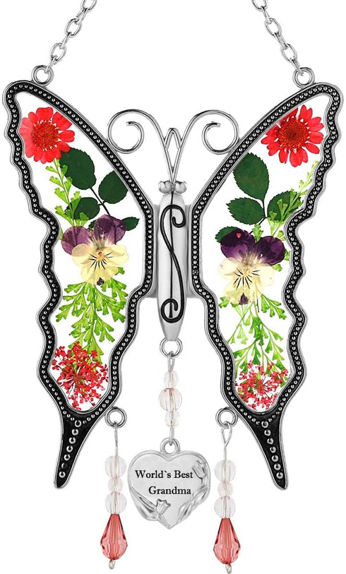 World`s Best Grandma New Butterfly SunCatcher Stained Glass Butterfly Sun Catcher Wind Chime for Windows for Grandma Happy Mother`s Day Valentine's Day Birthday Christmas Thanksgiving Gift