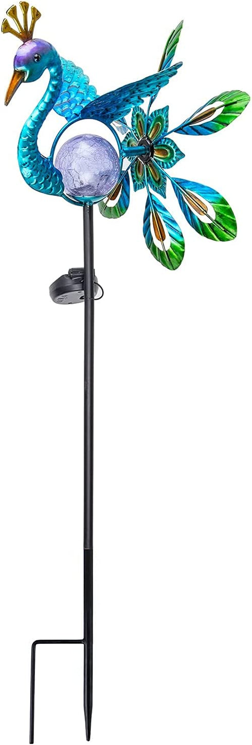 Peacock Wind Spinner Solar Garden Stake Lights - Cracked Glass Ball Waterproof Outdoor Peacock Decor Pathway Lights for Garden Patio Lawn