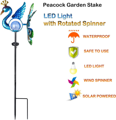 Peacock Wind Spinner Solar Garden Stake Lights - Cracked Glass Ball Waterproof Outdoor Peacock Decor Pathway Lights for Garden Patio Lawn