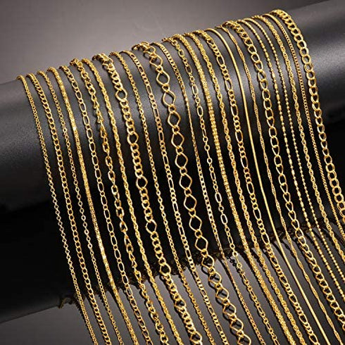 Blulu 24 Pieces Various Styles Gold or Silver Plated DIY Chain Necklace for Jewelry Making Supplies and Craft (18 Inch, Gold)