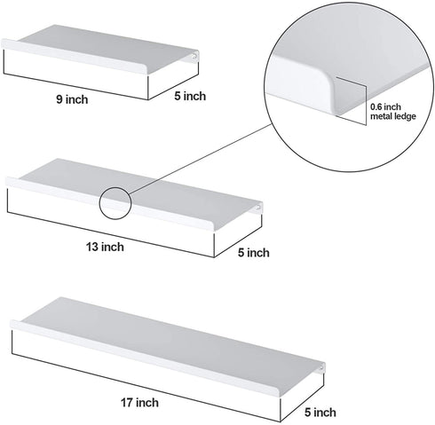 SRIWATANA White Metal Wall Shelves, Floating Shelves Wall Mounted Set of 3 for Bedroom, Living Room, Bathroom, Kitchen, Matte White