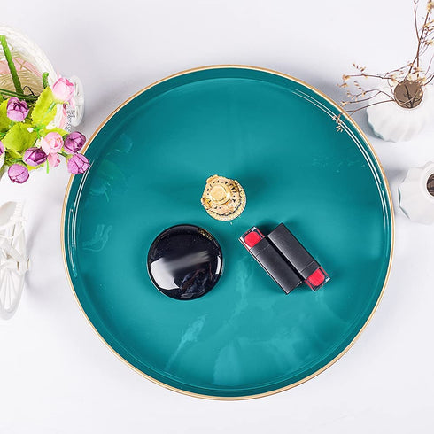 MAONAME 13" Round Tray, Teal Serving Tray with Handles, Modern Decorative Tray for Coffee Table, Plastic Ottoman Tray for Ottoman, Bathroom, Decor