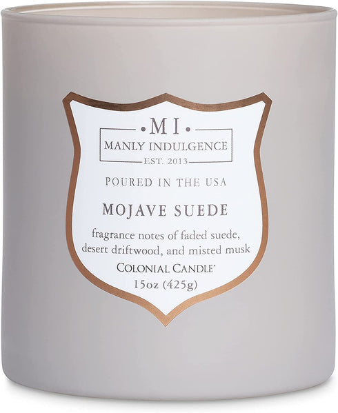 Manly Indulgence Scented Jar Candle, Mojave Suede, Signature Collection, Soy Wax Blend, Wooden Wick, 15 Oz, Single (Faded Suede, Desert Driftwood & Misted Musk)