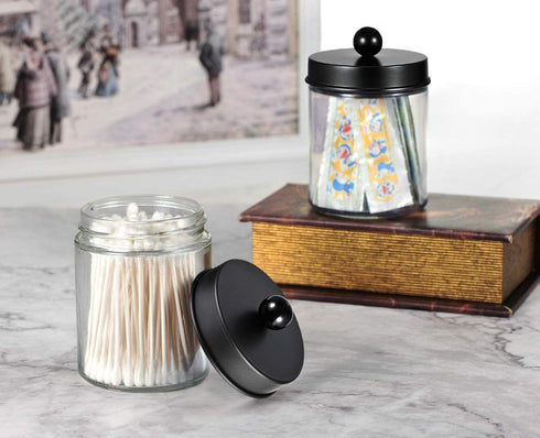 4 Pack Apothecary Jars Bathroom Vanity Storage Organizer Set -Countertop Canister with Stainless Steel Lids &Cute Stickers - Qtip Dispenser Holder for Qtips,Cotton Swabs,Makeup Sponges(Black)