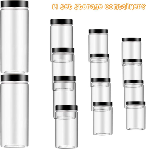 14 Pieces Plastic Jars with Black Lids Clear Grain Storage Container with 3 Sheets Label Stickers and 1 Piece Pen