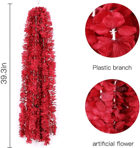 Hawesome 33Ft Artificial Flowers Red Hydrangea Garlands Silk Wisteria Vines Home Decor Party Wedding Garden Decoration Pack of 10 (Red)